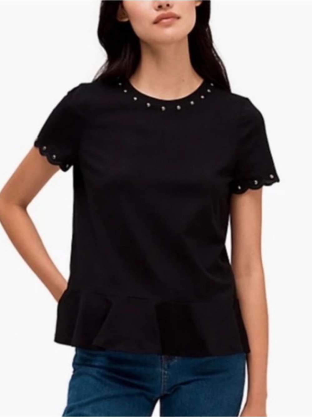 Kate Spade Black Scallop Short Sleeve Top with Silver Stud Details- Size XS